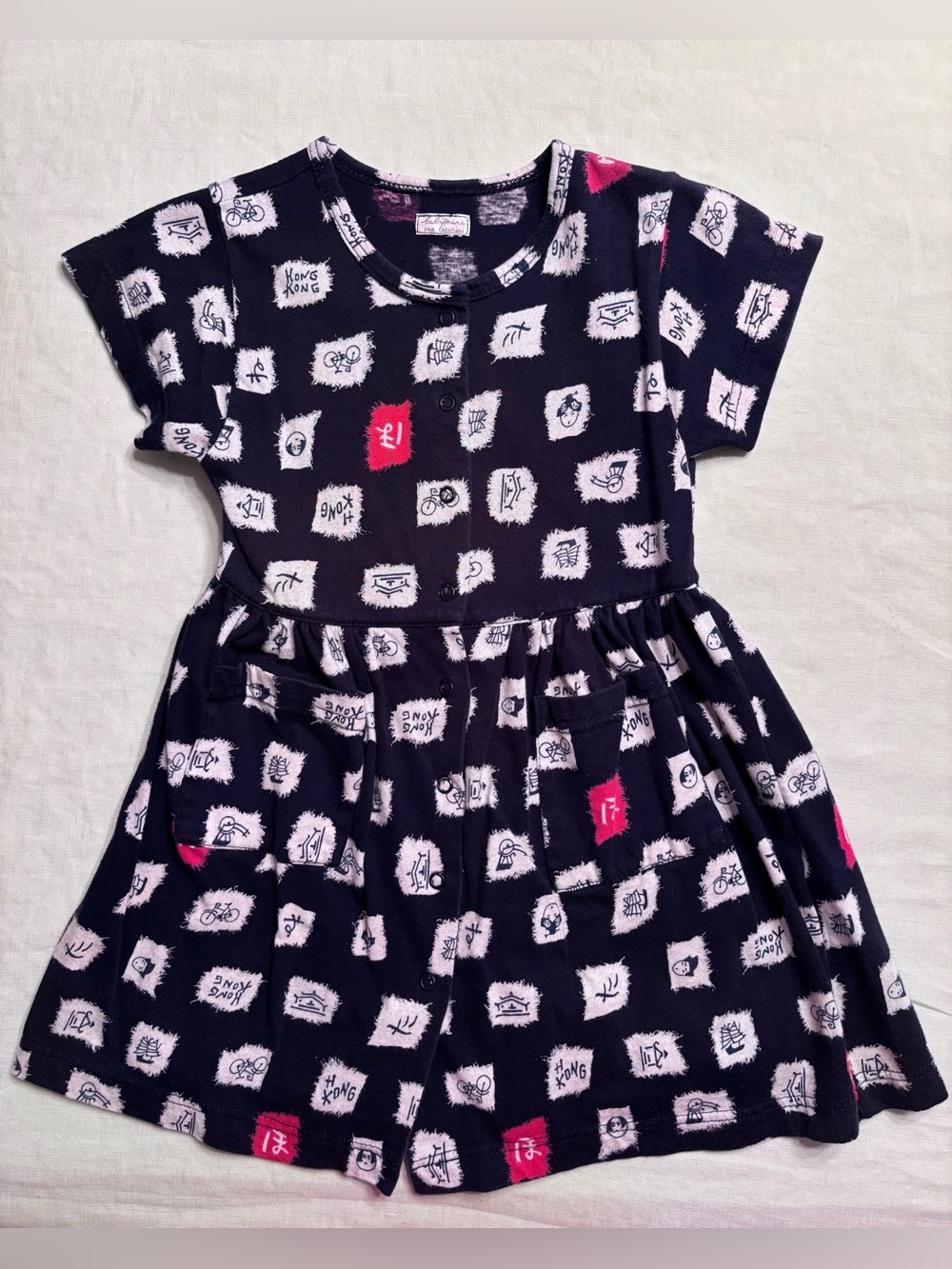 Vintage Babymini by Catimini Navy Dress with Red and White Graphic Squares